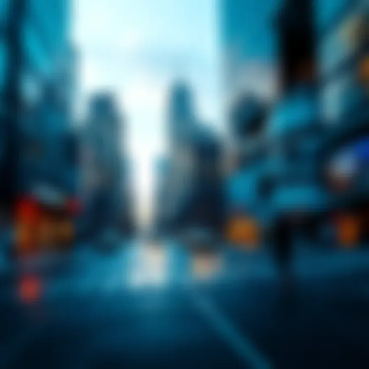 Loud sound waves creating a ripple effect in an urban environment with buildings and people reacting