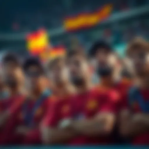 A group of Spain fans showing a mix of disappointment and concern after their team's World Cup defeat, discussing financial impacts.