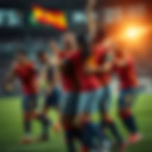 Spain players celebrate after scoring a goal during a match, showcasing joy and team spirit
