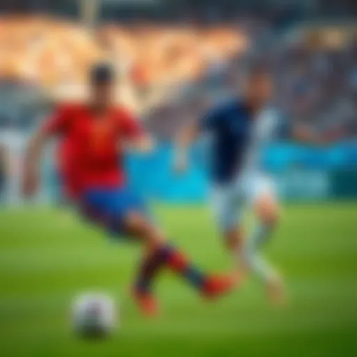 Spain and France players in action on the field during their semifinal match, highlighting strong defensive plays and minimal goal scoring opportunities.
