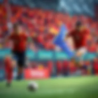 Players from Spain and Portugal competing on the field during a soccer match, with fans cheering in the background.
