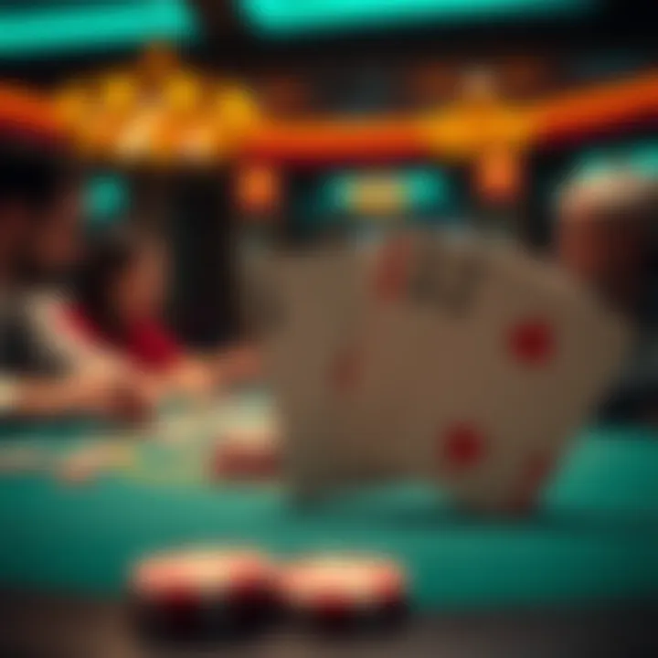 A hand of Spanish blackjack cards showing unique rules without 10s, with players engaged in the game at a table.