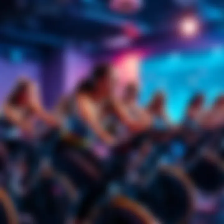 Group of people enjoying a spin class, filled with energy and excitement as they pedal together in a lively atmosphere.