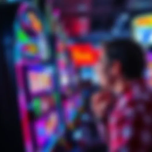 Spinning Slot Machine A close-up of a slot machine being played, showing colorful symbols and spinning reels, with a player excitedly watching the screen, anticipating a win