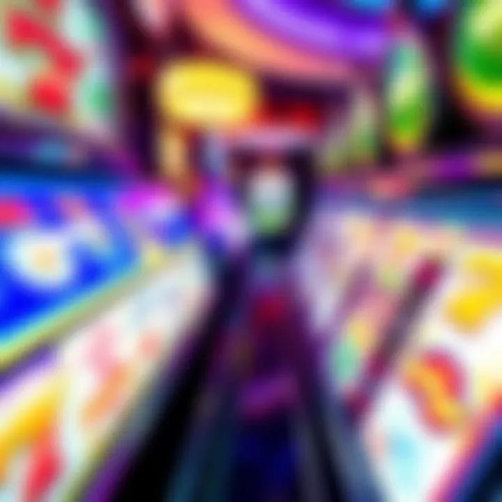 Close-up of slot machine showing spinning reels with bright symbols and lights