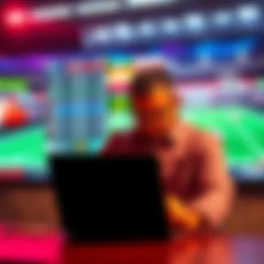 A person analyzing sports betting odds on a laptop with football graphics in the background