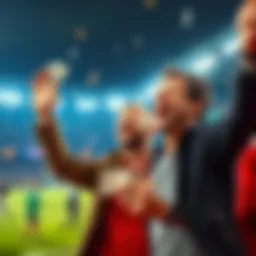 A bettor excitedly celebrates a big win after making a last-minute bet during a game halftime, with cash and sports betting tickets in hand.