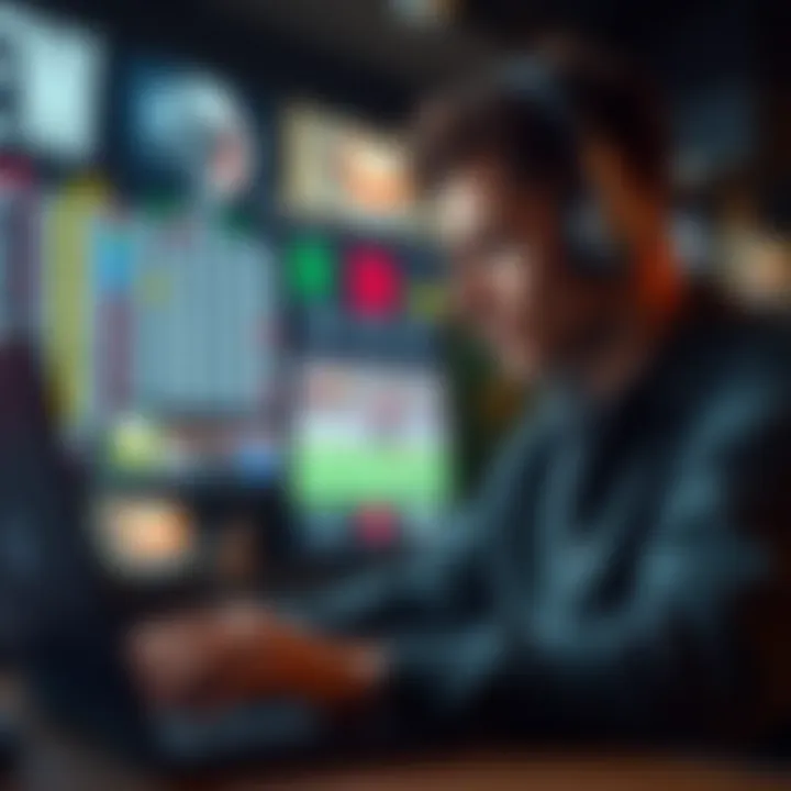 A person studying sports betting odds on a laptop with sports event images in the background