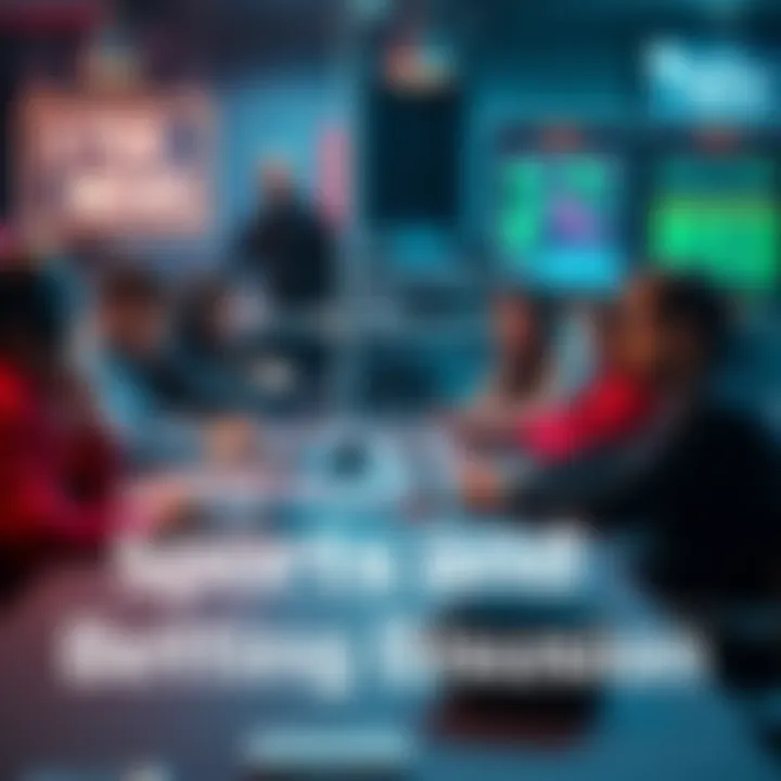 A group of people discussing sports and esports betting options around a table with laptops and mobile devices.