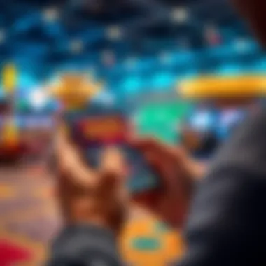 Sports Betting App with Caesarโs Card Person using a sports betting app on their phone while holding a Caesar's rewards card, with casino visuals in the background