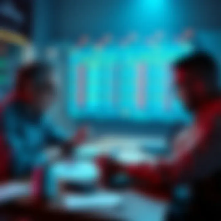 Two people discussing sports betting strategy with charts and data on table