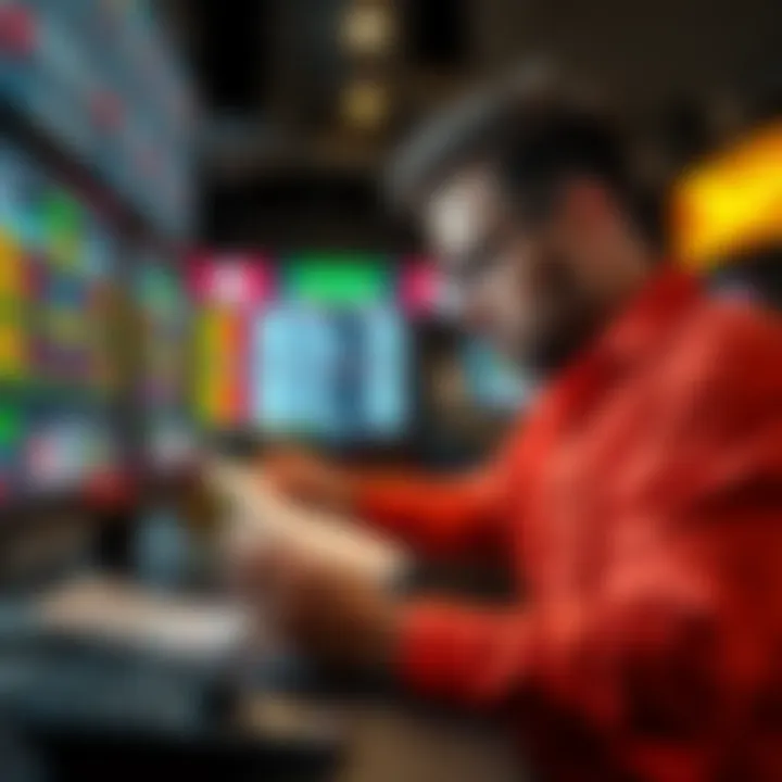 A person studying odds and making bets on sports events with a focused expression, surrounded by betting slips and a computer screen showing potential payouts.