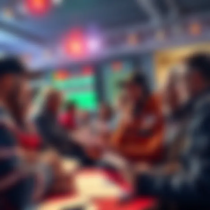 Sports Betting Discussion A group of sports fans engaging in lively discussion about betting picks and strategies, with charts and betting slips in view.
