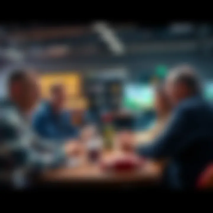 Sports Betting Discussion A group of sports fans gathered around a table discussing betting strategies and game predictions with excitement.