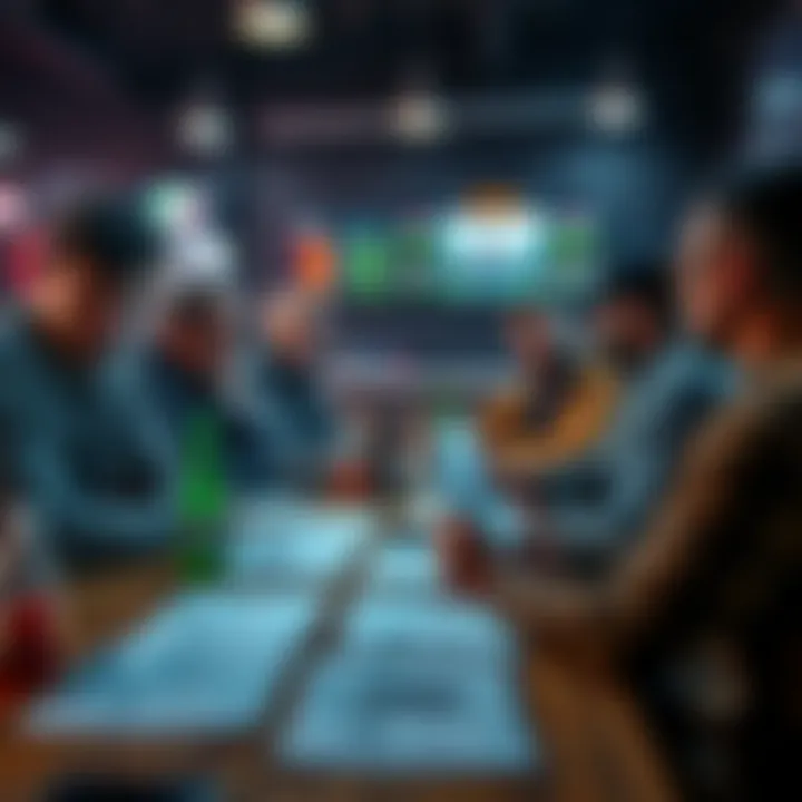 Group of people discussing sports betting strategies over a table with betting slips and drinks