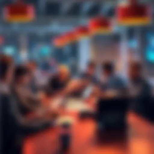 A group of people discussing sports betting strategies at a table with papers and laptops.