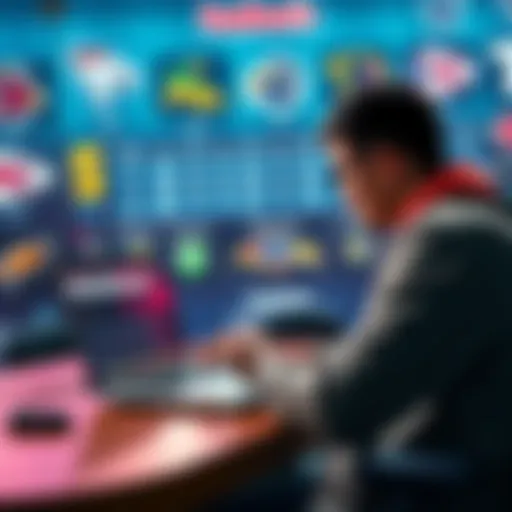 A person analyzing sports betting odds on a laptop with team logos in the background