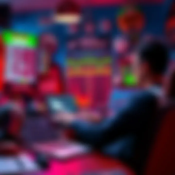 A sports betting scene featuring a person analyzing game statistics and odds on a laptop, surrounded by sports memorabilia.