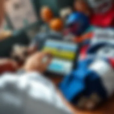 A person analyzing sports betting odds on a tablet with charts and graphs, surrounded by sports memorabilia like balls and jerseys.