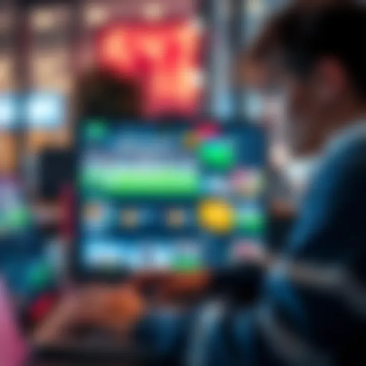 A young adult looking at a laptop screen displaying various sports betting websites, with a focus on accessible platforms for those under 21 in Lithuania.