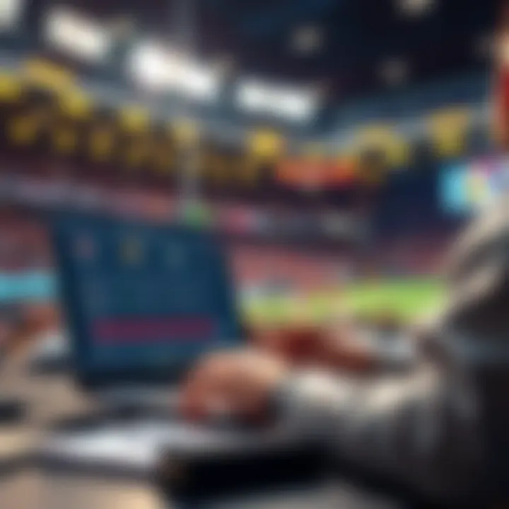 A person analyzing betting odds on a laptop with a sports game in the background