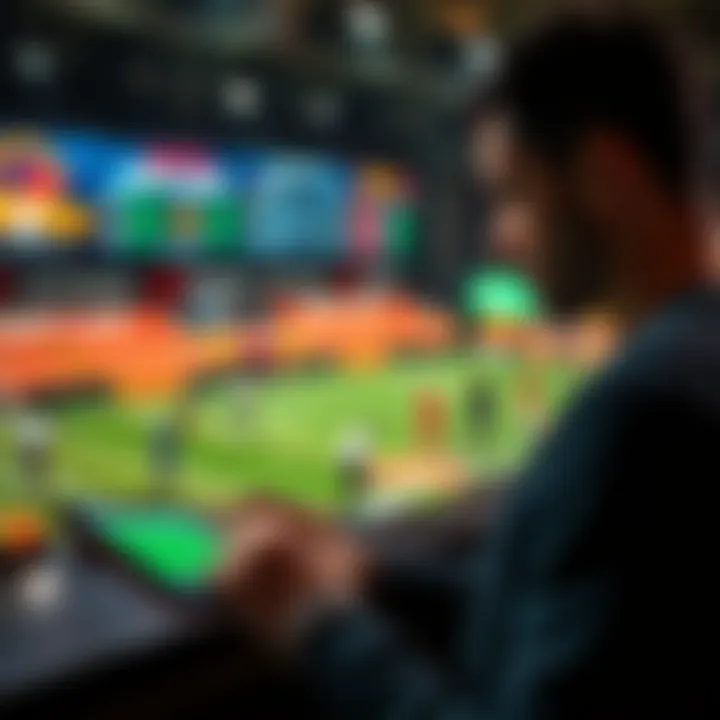 A person placing a bet on a mobile app with sports event graphics in the background