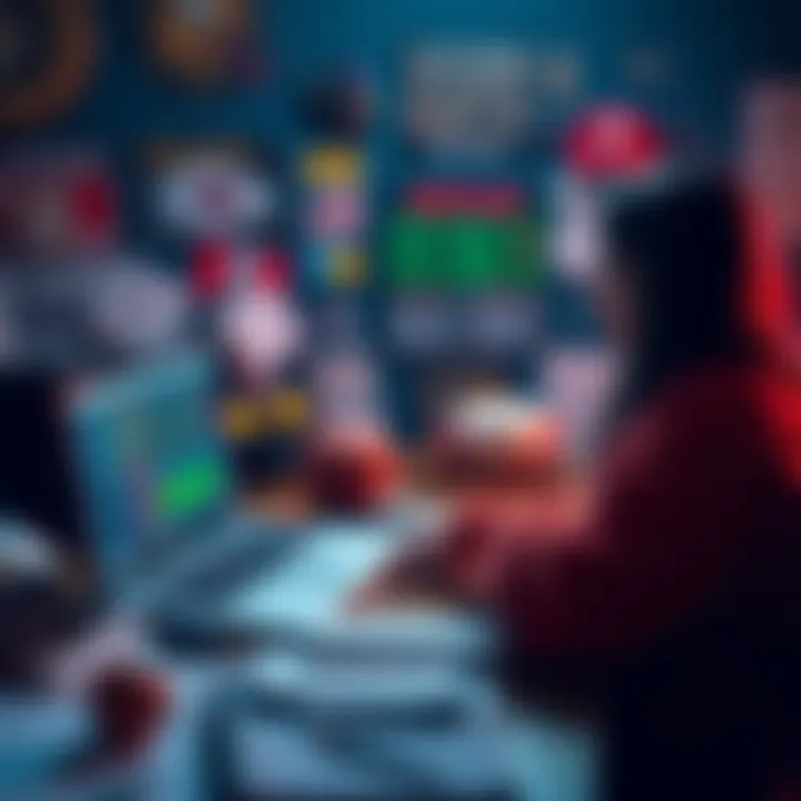 A person analyzing sports betting odds on a laptop, surrounded by sports memorabilia and betting slips