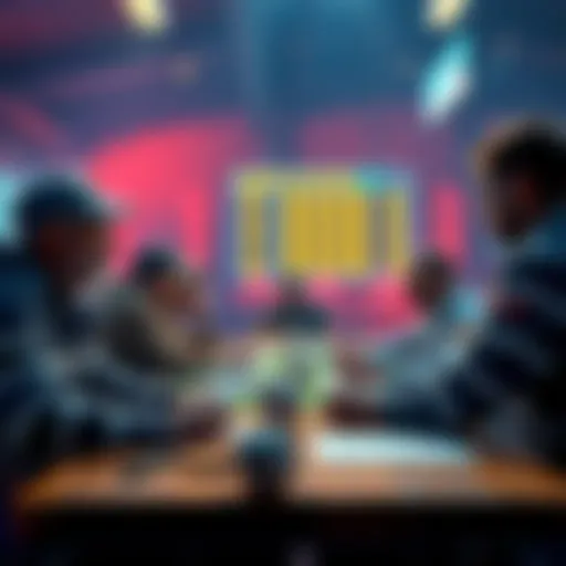 A sports betting scene with people discussing strategies and analyzing odds at a table