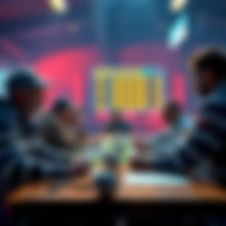 A sports betting scene with people discussing strategies and analyzing odds at a table