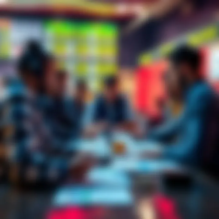 A group of people discussing sports betting with charts and odds on a table