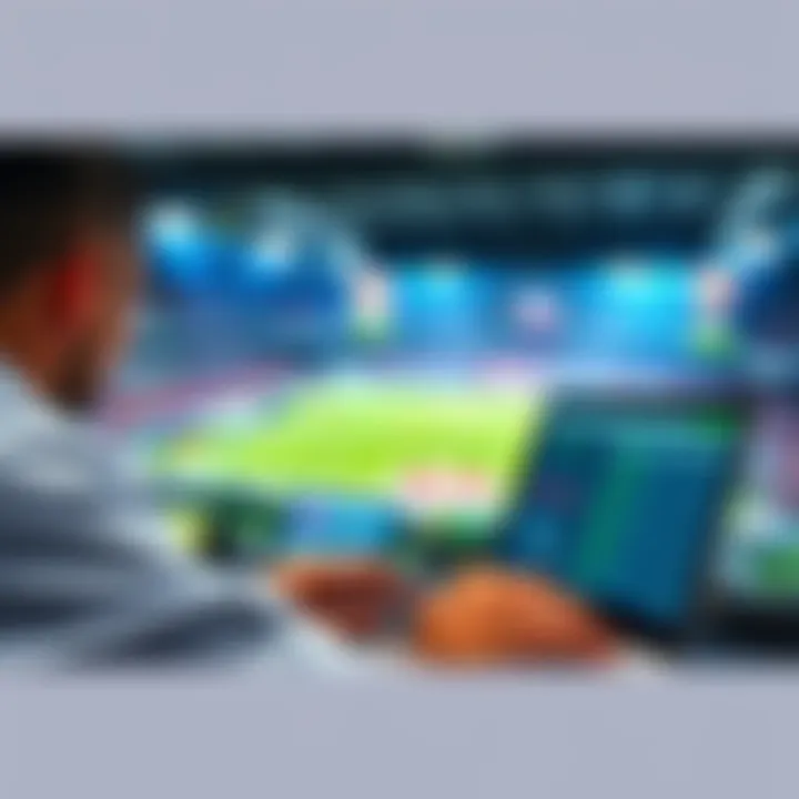 A person reviewing sports betting options on a laptop with a football game on television in the background.
