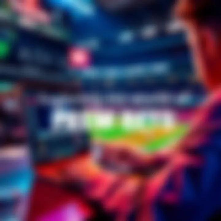 A person placing a prem bet on a sports game with a focus on a laptop and sports graphics in the background.