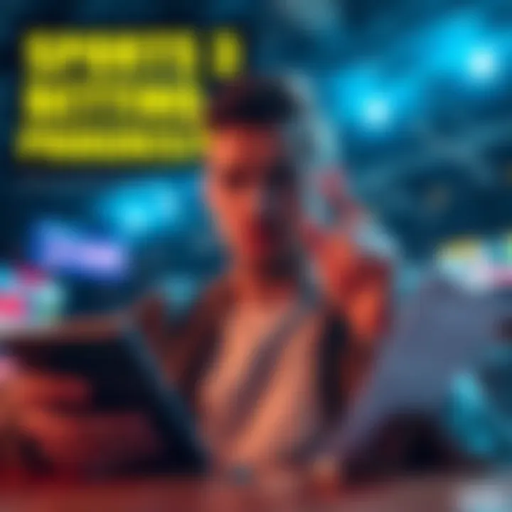 A graphic showing a person contemplating a $4,000 investment for sports betting level up with a calculator and betting slips.
