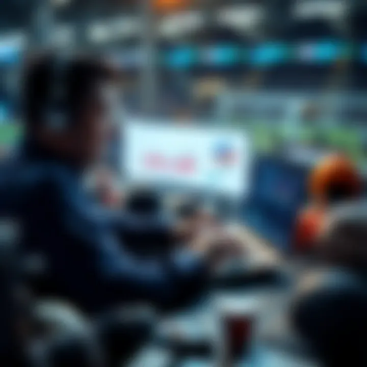 A person analyzing sports statistics on a laptop while placing a bet, with sports equipment in the background.