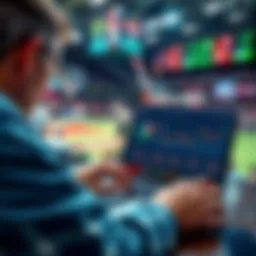 A person analyzing game statistics on a laptop with sports highlights in the background, focusing on betting strategies for underdogs in college basketball, Euro basketball, and tennis.