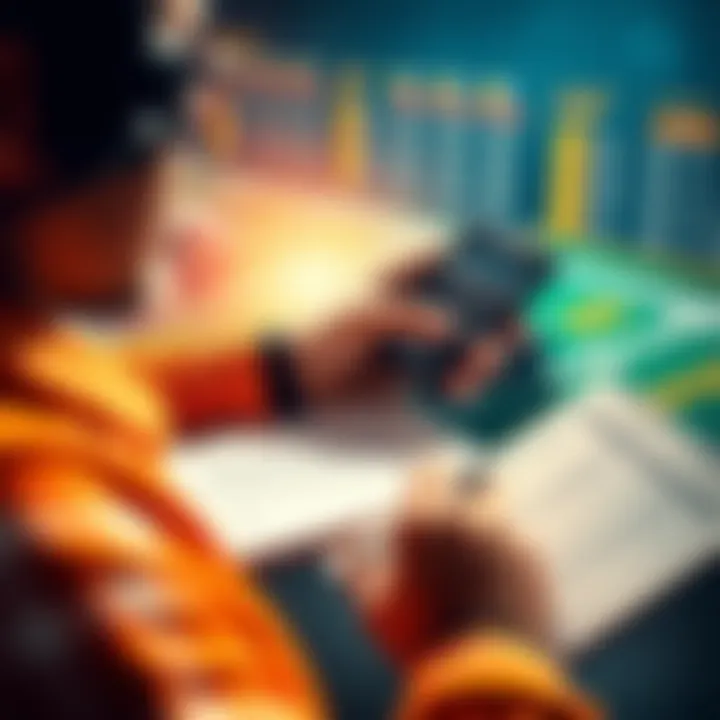 A person analyzing sports betting odds with a calculator and notebook, focusing on bankroll management.