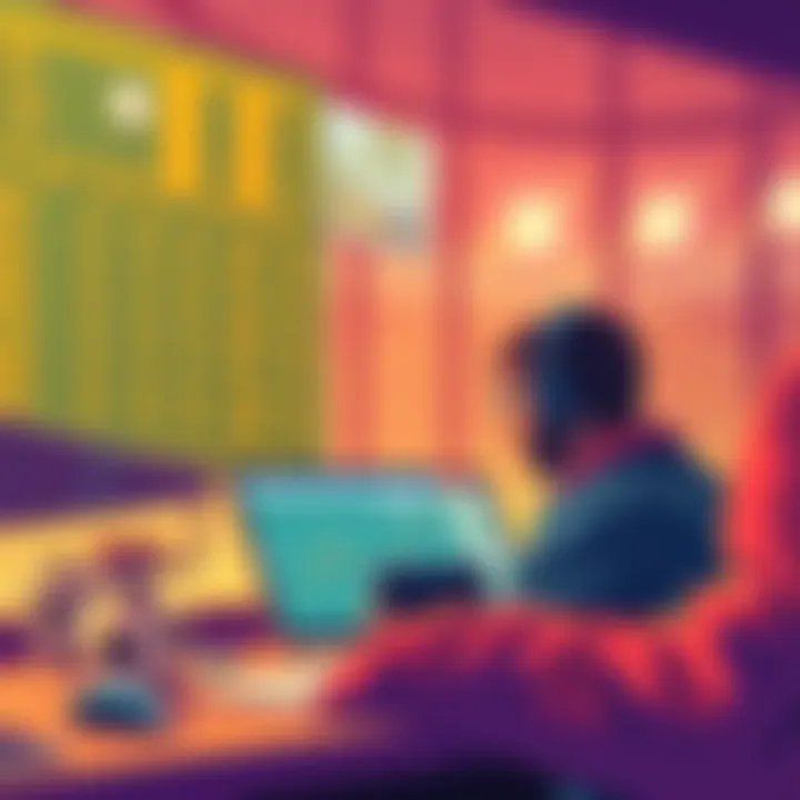 An illustration showing betting odds, a sports event, and a person analyzing data for sports betting tips.