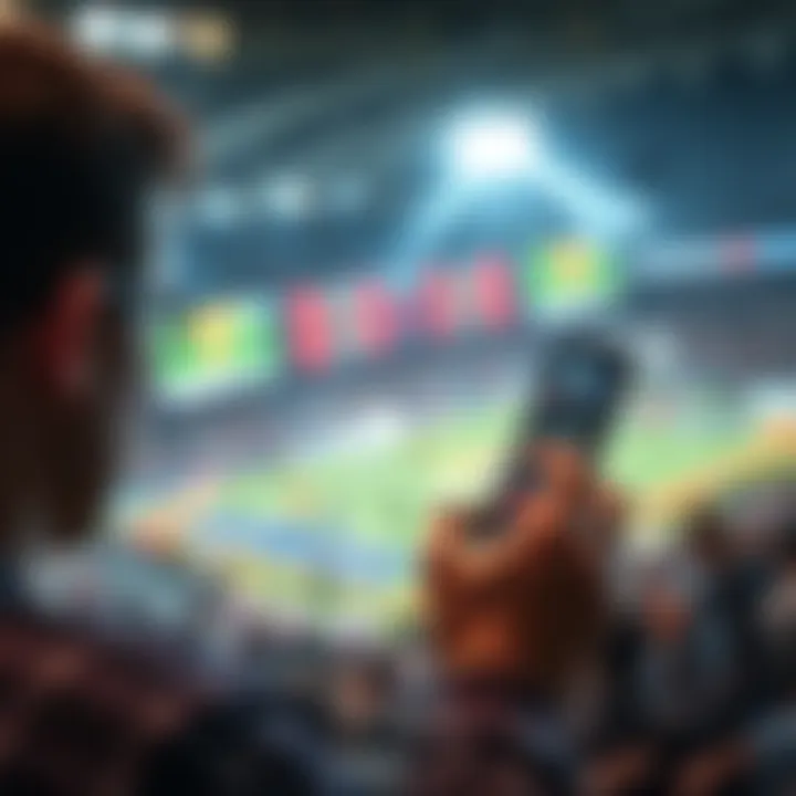 A person looking at sports betting odds on a mobile device with sports events in the background