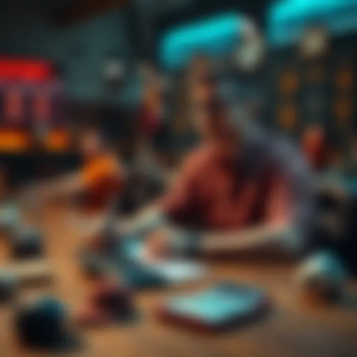 Sports bettor reflecting on their journey A person sitting at a table contemplating their sports betting choices with a notebook and a calculator, surrounded by sports memorabilia, symbolizing their reflection on betting lows and highs.