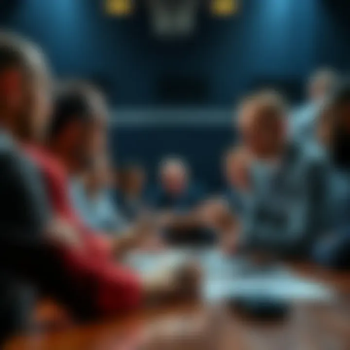 A tense sports trade negotiation scene with team officials and players discussing a trade deal.