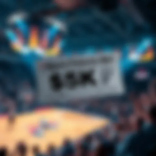 A visual representation of a basketball betting slip showing a $5K bet on Spurs futures with a backdrop of a basketball court and fans cheering.