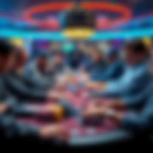 A group of players at a poker table in a stack accumulator tournament, focusing on their chip stacks and strategies as they consider the impact of gaining more chips on their stakes.