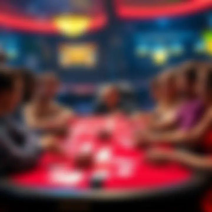 Stadium Baccarat Game Scene A lively scene of players engaged in a Stadium Baccarat game, with cards on the table and players showing mixed emotions of excitement and frustration, highlighting the contrast of wins and losses.