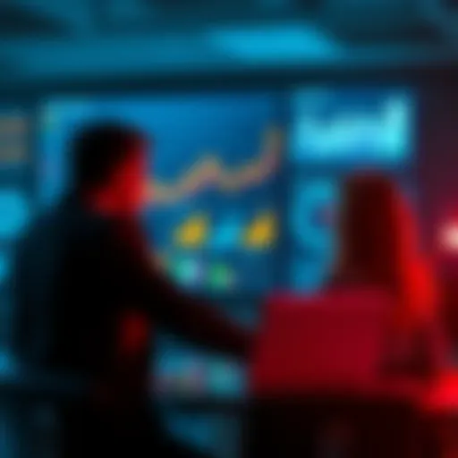 A business team discussing changes in strategy with charts and graphs on a screen.