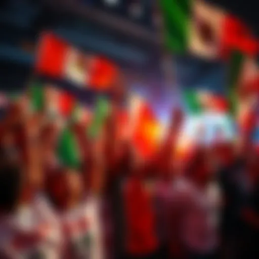 A vibrant scene of Mexican fans celebrating sports with flags and jerseys, representing the excitement of Stake's market entry before the World Cup.