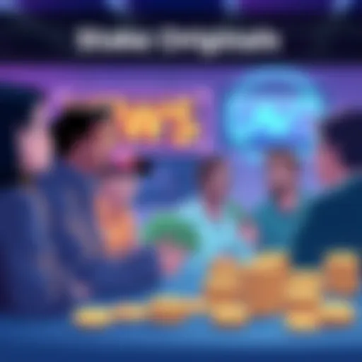 Illustration showing a group of people discussing payouts in a challenge setting, with a focus on money and multipliers.
