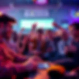 A group of people playing online games on their devices, celebrating a win together.