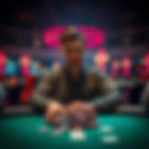 Staking in Poker A person sitting at a poker table with chips and cards, contemplating staking for live poker play.