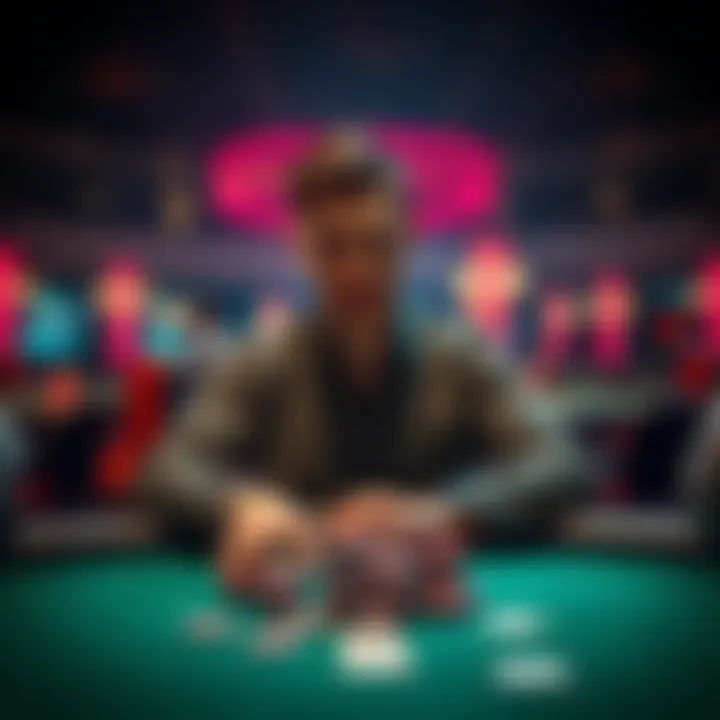Staking in Poker A person sitting at a poker table with chips and cards, contemplating staking for live poker play.