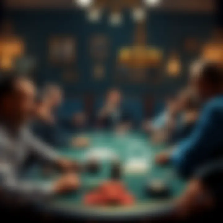 A comedian performing stand-up at a poker table while players react, some laughing and others focused on the game.